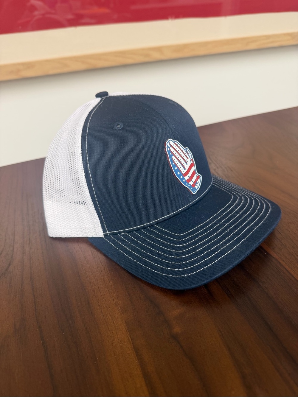Navy & White Trucker Hat with USA Praying Hands Patch